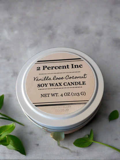 2 Percent All Natural Vanilla Rose Coconut Soy Wax Candle 4oz (113g)