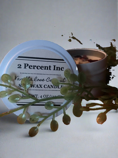 2 Percent All Natural Vanilla Rose Coconut Soy Wax Candle 4oz (113g)